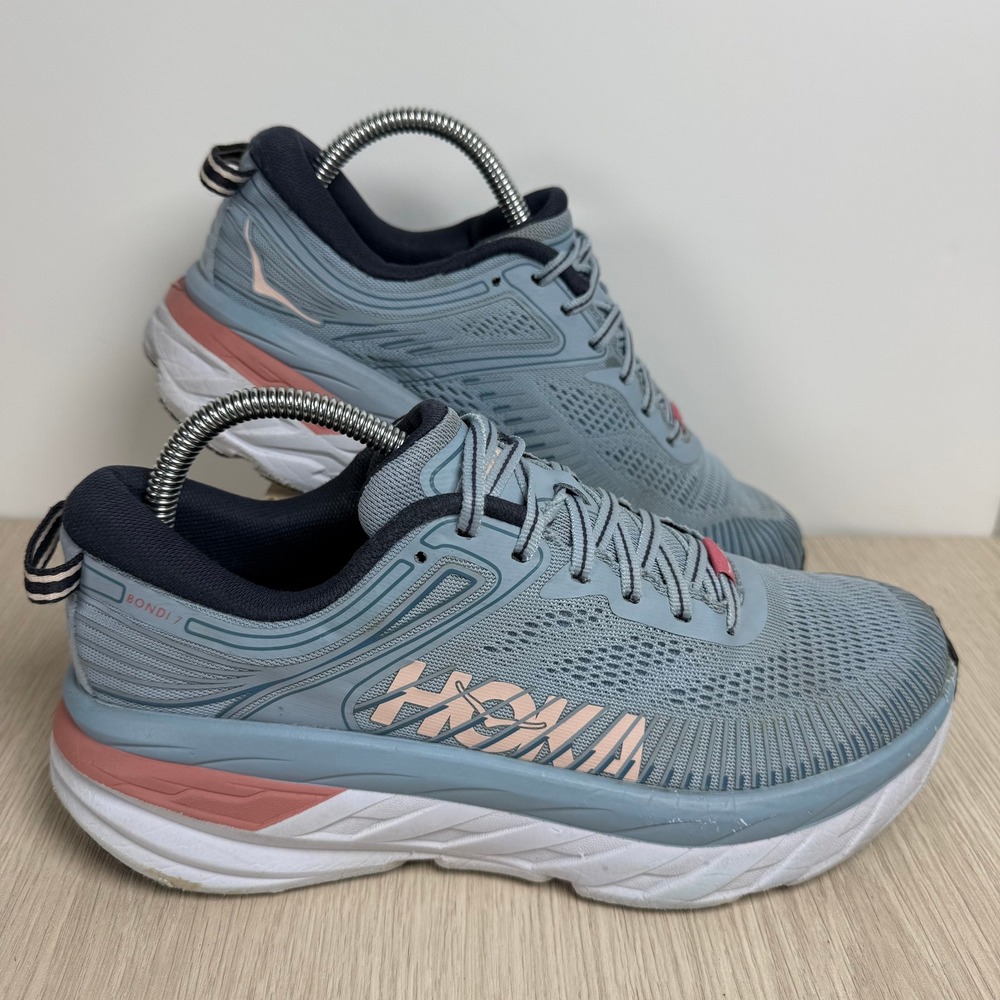 Running Shoes Hoka One One Womens 8.5 Blue Pink Bondi 7 Athletic Sneakers